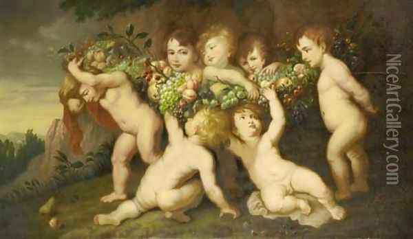 Putti carrying a swag of fruit in a landscape Oil Painting - Sir Peter Paul Rubens And Frans Snyders