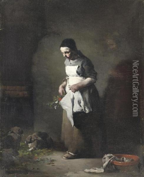 Feeding The Rabbits Oil Painting - Theodule Augustine Ribot