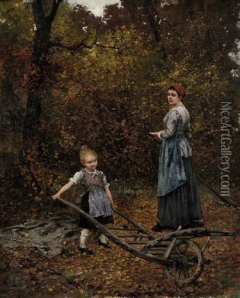 Mutter Und Tochter Im Herbstwald Oil Painting - Caspar Ritter