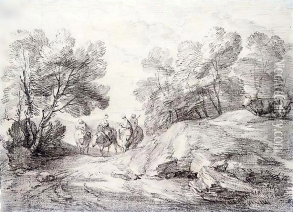 Wooded Landscape With Four Riders And Two Cows Oil Painting - Thomas Gainsborough