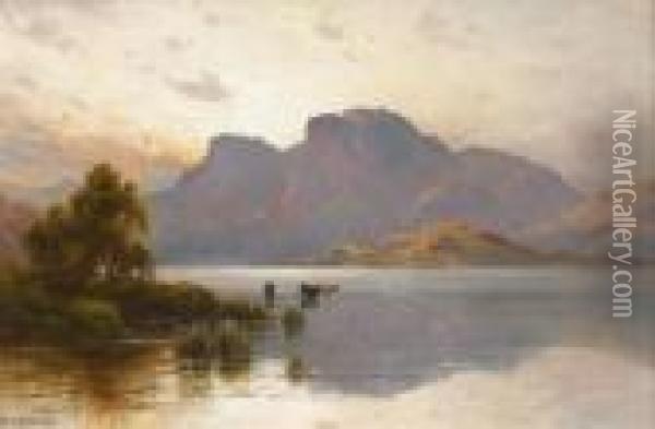 Cattle Watering In A Highland Loch Oil Painting - Alfred de Breanski