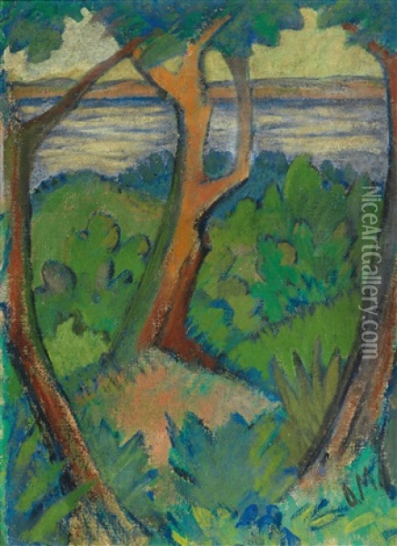 Landschaft Mit Drei Baumen Oil Painting - Otto Mueller