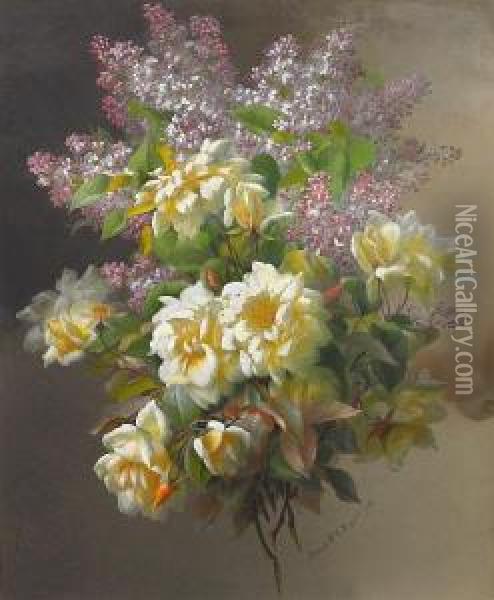 Lilacs And Yellow Roses Oil Painting - Raoul Maucherat de Longpre