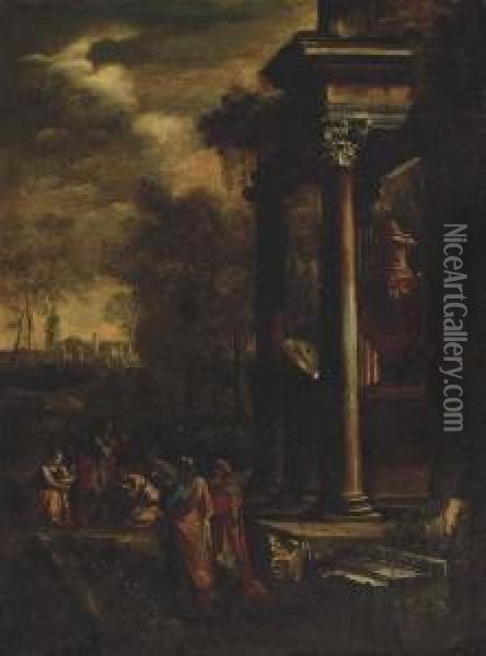 Figures Gathered Around A Font Among Classical Ruins Oil Painting - Giovanni Niccolo Servandoni