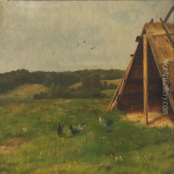 Landscape With Hens Oil Painting - Otto Haslund