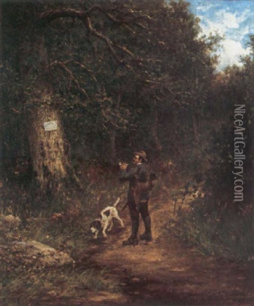 A Hunter With His Dog On A Forest Path Oil Painting - Hiram Reynolds Bloomer