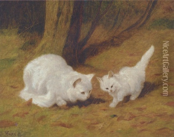 White Cats In A Forest Oil Painting - Arthur Heyer