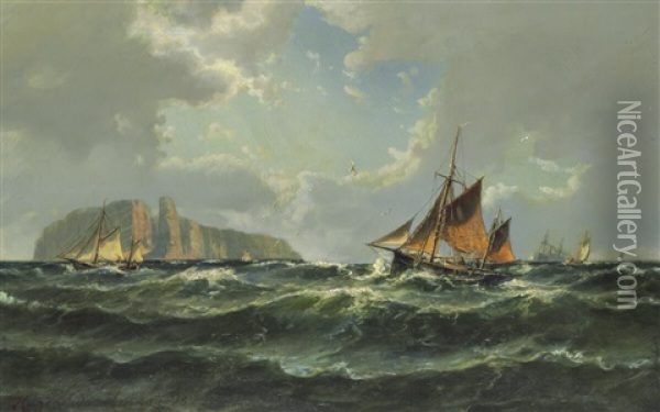 Seascape With Sailing Ships Off The Coast Of Helgoland Oil Painting - Holger Henrik Herholdt Drachmann