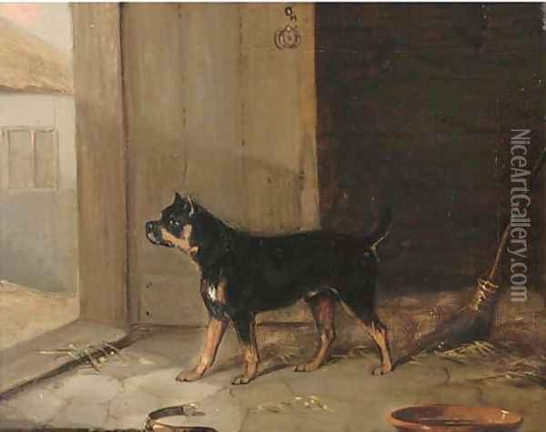 A bullterrier hearing a visitor Oil Painting - Edmund Bristow