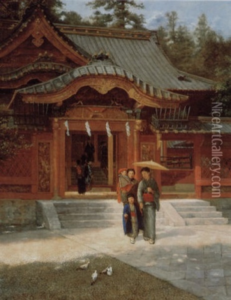 Family At Toshogu Shrine Oil Painting - Naojiro Harada