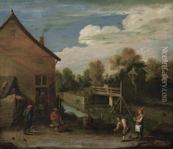 Kegeln Vor Dem Haus. Oil Painting - David The Younger Teniers