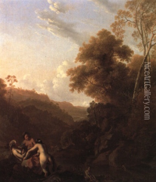 Italianate Landscape With Nymphs Bathing In A Rocky Pool Oil Painting - Dirck Van Der Lisse