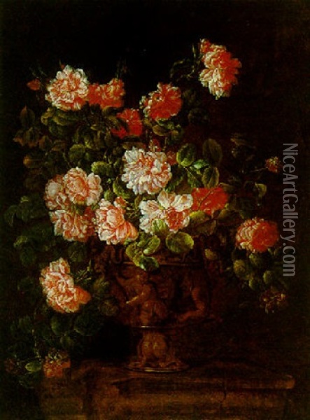 Still Life Of Roses In An Ormolu Vase With Putti, Resting Upon A Ledge Oil Painting - Pandolfo Reschi