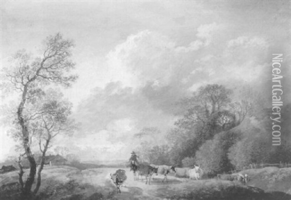 An Extensive Landscape With A Herdsman And Cows On A Road Oil Painting - Louis Gabriel Moreau the Elder