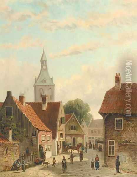 Busy street in a small town Oil Painting - Johannes Frederik Hulk