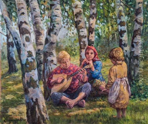 Summer Day With A Boy Playing Balalaika For The Girls Oil Painting - Nikolai Petrovich Bogdanov-Bel'sky