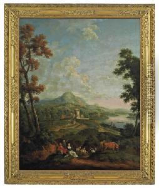 A Mountainous Wooded River Landscape With A Fortified Town In Themiddle Distance Oil Painting - William Van Der Hagen