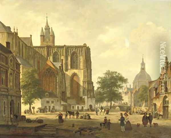 A busy Dutch city square in summer Oil Painting - Bartholomeus Johannes Van Hove