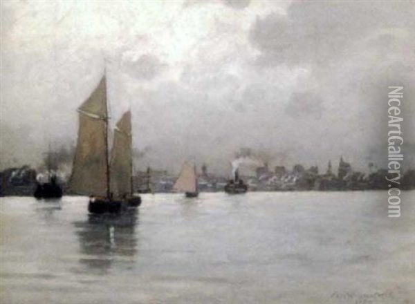 Sailing Vessels In A Harbor Oil Painting - Charles Warren Eaton