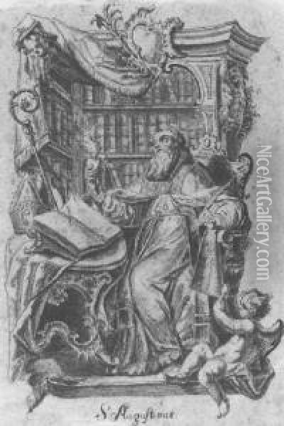 Saint Augustine In His Library Oil Painting - Johann Georg Bergmuller