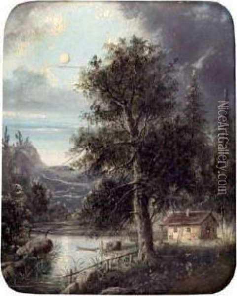 Mondscheinnacht Amgebirgssee Oil Painting - Joseph Holzer