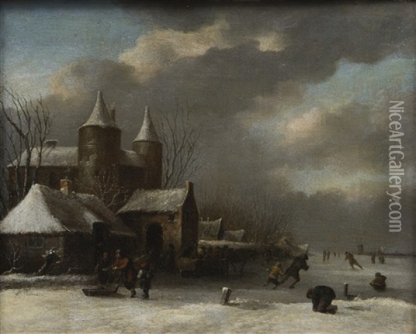 Winter Scene With Ice Skaters Oil Painting - Nicolaes Molenaer