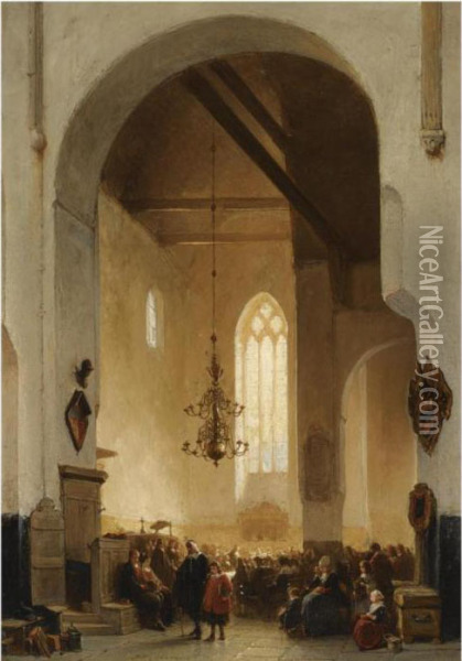 Figures At Mass In The Geertekerk, Utrecht Oil Painting - Johannes Bosboom