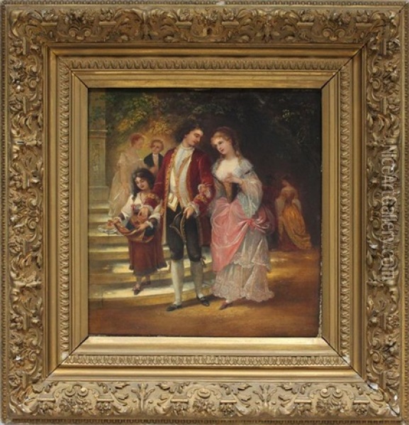 Elegant Gekleidetes Rokokopaar Vor Parktreppe Oil Painting - Theodor Rabe