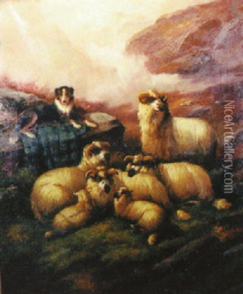 Flock Of Ram With Dog Keeping Watch Oil Painting - John Barker