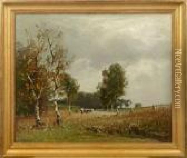 Schafhirtin In Fruhherbstlicher Landschaft Mit Birken Oil Painting - Ludwig Willroider