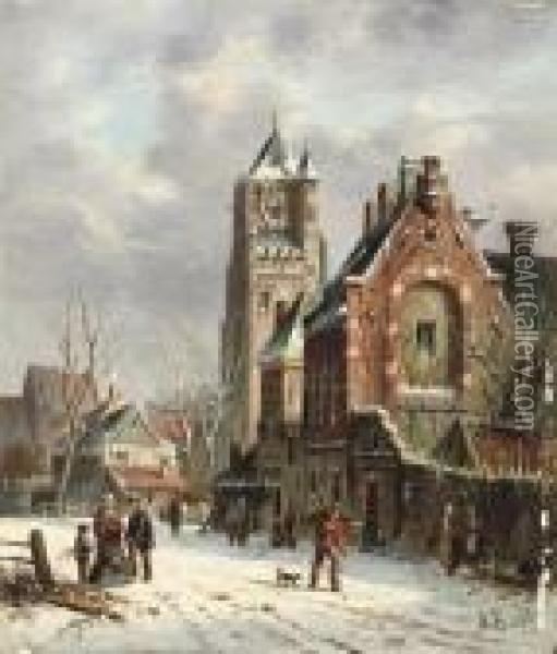 On A Snow-covered Street In A Dutch Town Oil Painting - Adrianus Eversen