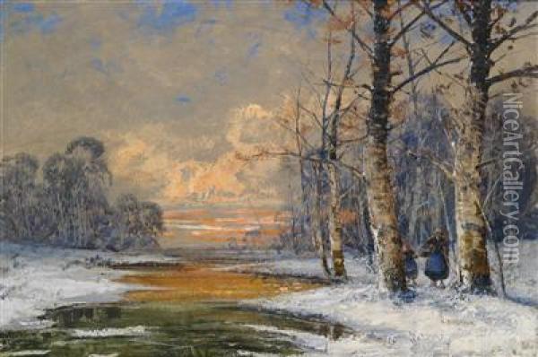 Wood Collector In A Winter Forest In The Evening Oil Painting - Georg Fischof