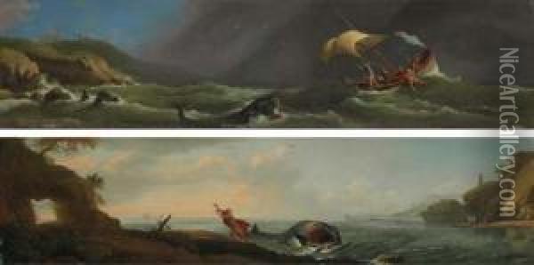 Jonah Thrown Overboard; And Jonah Released From The Whale Oil Painting - Adriaen Manglard