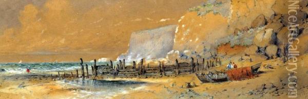 Shore With A Boat And Figures Oil Painting - George Knox