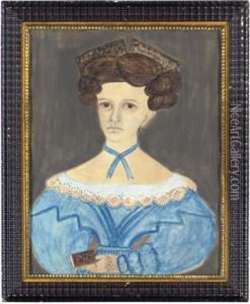 A Portrait Of A Woman In Blue Oil Painting - Samuel A. Shute