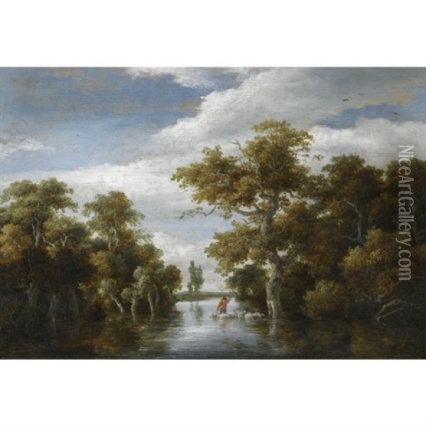 A Wooded Landscape With A Shepherd And His Flock Crossing A River Oil Painting - Meindert Hobbema