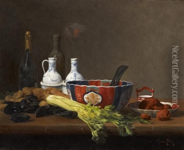 La Salade Japonaise. Stillleben Mit Japanischem Porzellan, Wein, Fisch Und Gemuse Oil Painting - Charles Hutin