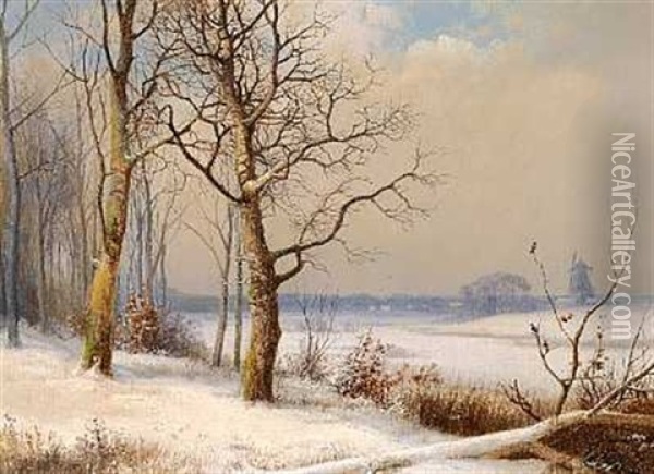 Vinterlandskab Med En Molle I Det Fjerne Oil Painting - Anders Andersen-Lundby