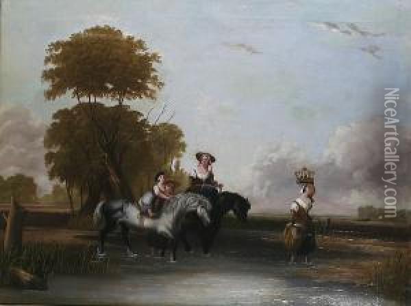 Figures Crossing A River With Horses Oil Painting - Sir Augustus Wall Callcott