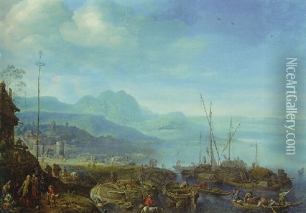 A View Of Linz Am Rhein, With Barges Unloading At Quay, An Inn Nearby Oil Painting - Herman Saftleven