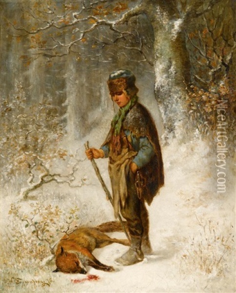 Hunter With Fox Oil Painting - Wilhelm Friedenberg