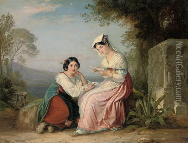 Exchanging News Above The Roman Campagna Oil Painting - August Theodore Kaselowsky