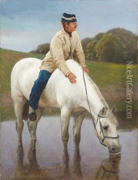 Cavalier Militaire Abreuvant Son Cheval Oil Painting - Hans Ole Brasen