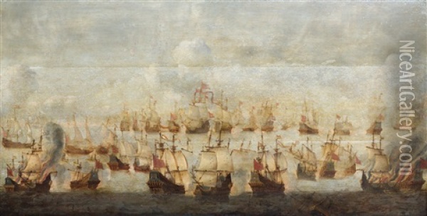 Naval Battle, Possibly Ter Heijde In 1653 Oil Painting - Jakob Feyt de Vries