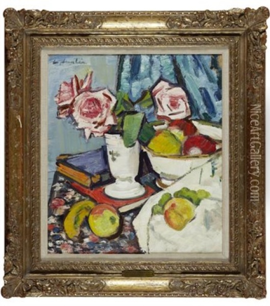 Still Life With Pink Roses And Fruit Oil Painting - George Leslie Hunter