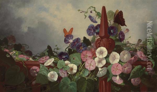 Morning Glories And Butterflies Oil Painting - Frederick Stone Batcheller