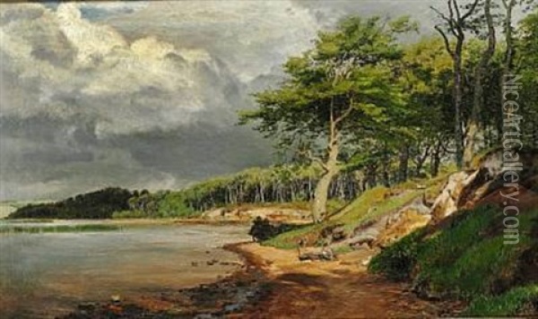 Trees Growing On The Waterside (juel So (lake) In Jutland?) Oil Painting - Janus la Cour