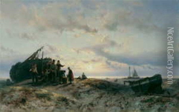 Fischer Am Strand Oil Painting - Johannes Hermanus Barend Koekkoek