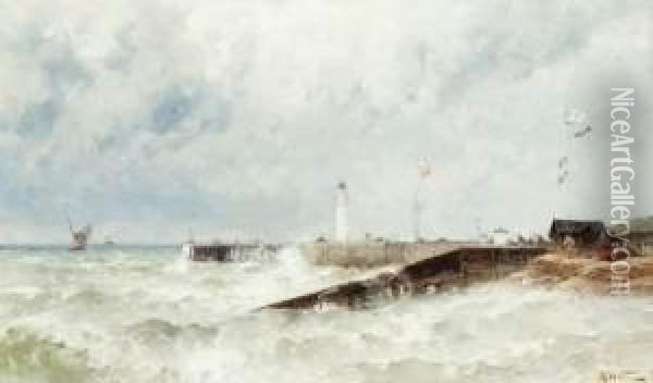 Staketsel En Vuurtoren Bij Woelige Zee Oil Painting - Theodor Alexander Weber
