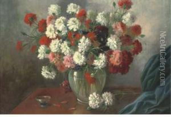 Carnations In A Glass Vase, A Drape To The Side Oil Painting - Giuseppe Guidi